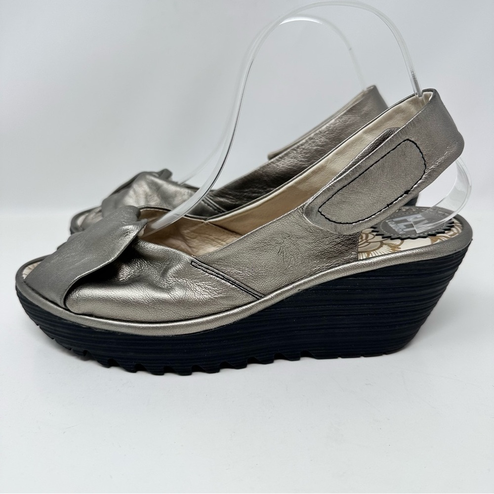 Fly London Metallic Pewter Slingback Wedge Heels